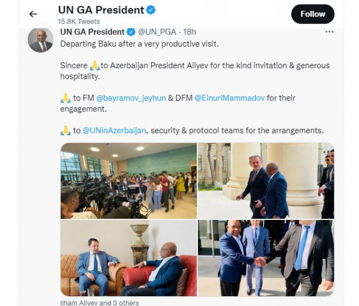   Presidente de la Asamblea General de la ONU lanza un tuit sobre Azerbaiyán  