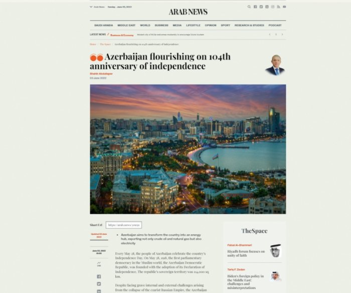   Arab News: Azerbaijan flourishing on 104th anniversary of independence  