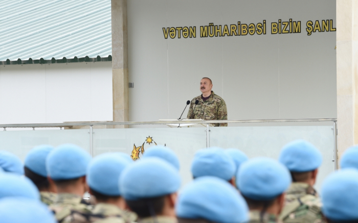  Victorious Commander-in-Chief Ilham Aliyev attends opening of military unit in Kalbajar district 