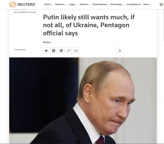    "Putin hələ də Ukraynanın böyük hissəsini tutmaq istəyir"-    Pentaqon      