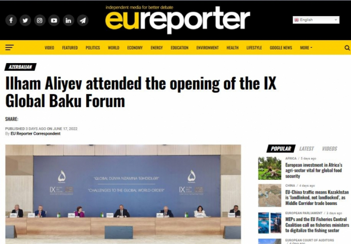 Una influyente publicación europea cita fragmentos del discurso pronunciado por el Presidente Aliyev en el 9º Foro Global de Bakú