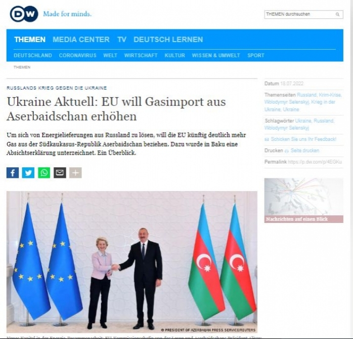   EU wants to increase supply of gas from Azerbaijan - German media   