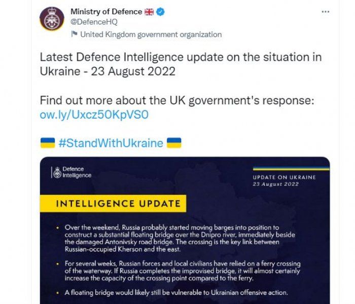    "Ruslar Xersonda üzən körpü tikirlər" -    Britaniya kəşfiyyatı      