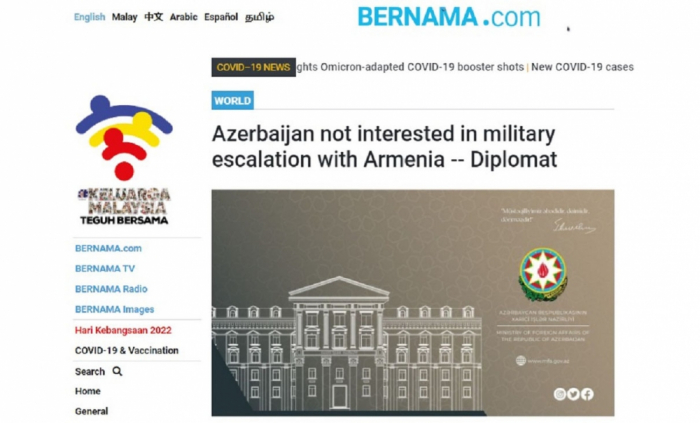 BERNAMA: “Azerbaiyán no está interesado en una escalada militar con Armenia”