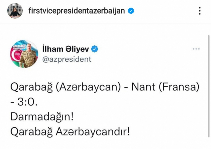  La première vice-présidente azerbaïdjanaise partage une publication liée à la victoire du Qarabag sur le FC Nantes 