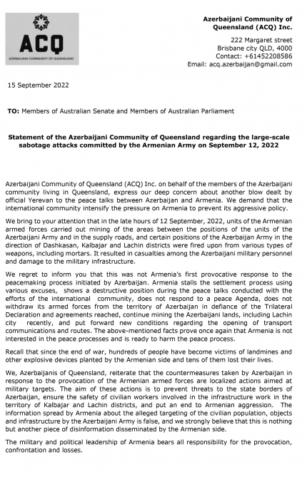   Azerbaijani diaspora organizations in Australia issue statement condemning Armenian provocation  