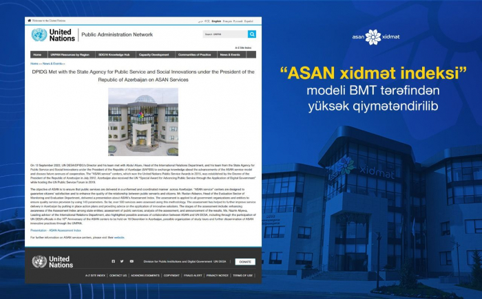 “ASAN xidmət indeksi” modeli BMT tərəfindən yüksək qiymətəndirilib “ASAN xidmət indeksi” modeli BMT tərəfindən yüksək qiymətəndirilib