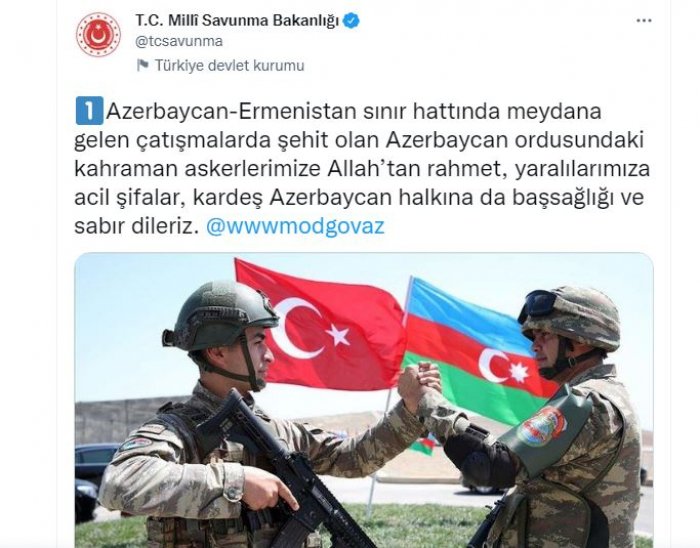 Türkiyə Milli Müdafiə Nazirliyi Azərbaycana başsağlığı verib  
