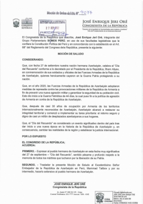 El Congreso de Perú adoptó una declaración con motivo del Día del Recuerdo en Azerbaiyán