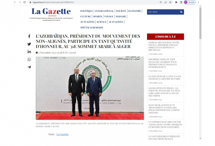   Französische Presse berichtet über die Teilnahme des aserbaidschanischen Präsidenten an der Eröffnung des Gipfels der Arabischen Liga  