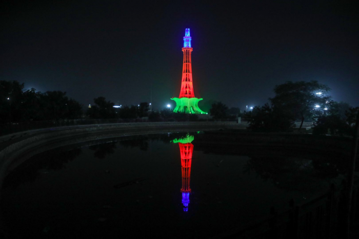   Minar-e-Pakistan lit up in colors of Azerbaijani flag  