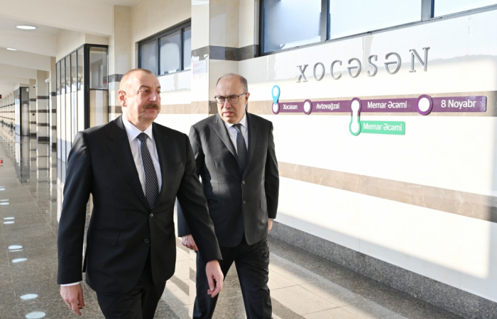   Präsident Ilham Aliyev nimmt an der Eröffnung des Elektrodepots „Chodschasen“ und der U-Bahn-Station von Baku teil  