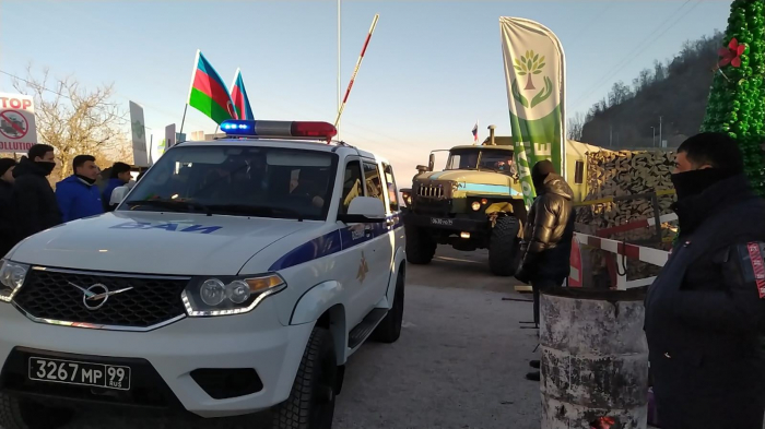 Vehicles of Russian peacekeepers pass along Azerbaijan