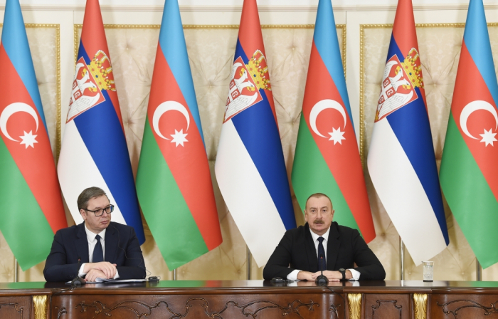  Presidents of Azerbaijan and Serbia make press statements 