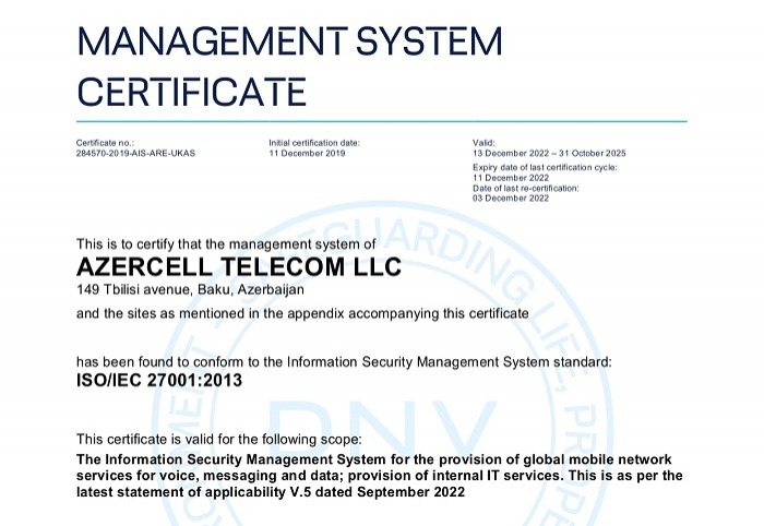 Azercell növbəti beynəlxalq sertifikatla təltif olundu  