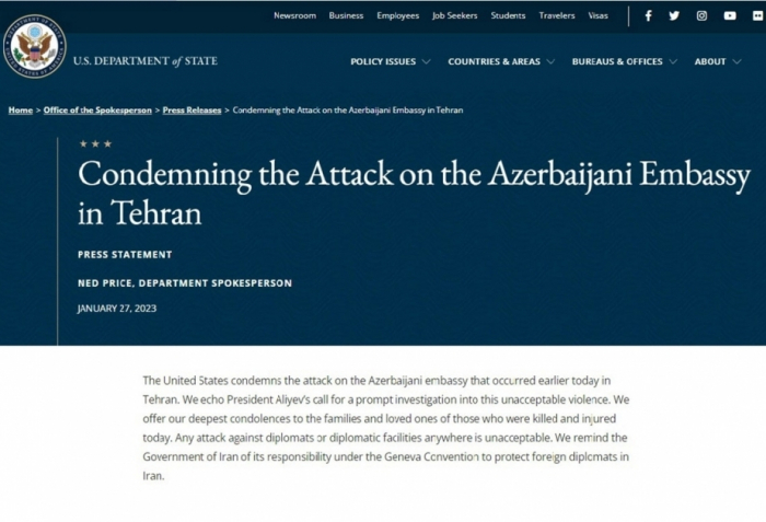   U.S. Department of State issues statement condemning attack on Azerbaijani embassy   