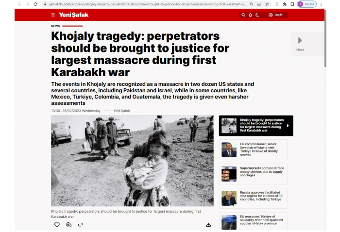   Influential Turkish newspaper publishes article on Khojaly genocide  