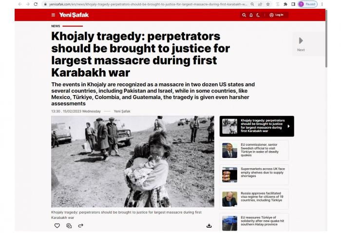   Einflussreiche türkische Zeitung veröffentlicht Artikel über den Völkermord von Chodschali  