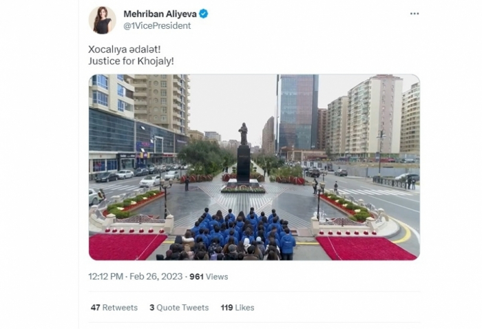  La première vice-présidente Mehriban Aliyeva a publié une vidéo liée au génocide de Khodjaly