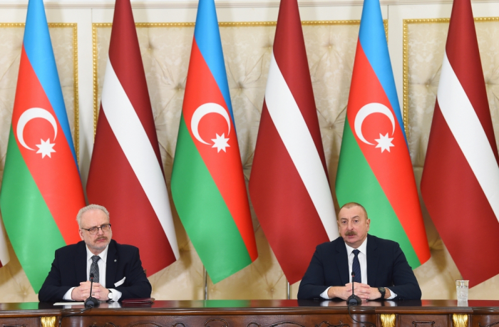  Azerbaijani and Latvia Presidents make press statements 