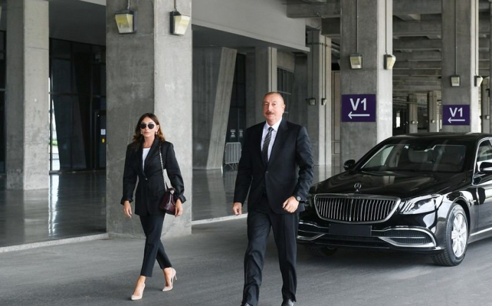  President Ilham Aliyev, First Lady Mehriban Aliyeva arrive in Tartar district 