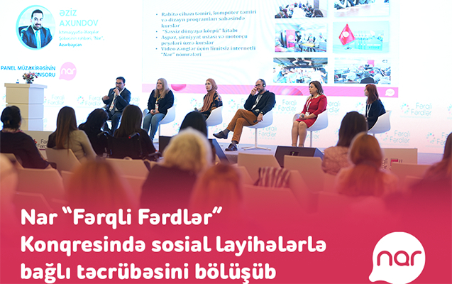 “Nar” “Fərqli Fərdlər” Konqresində sosial layihələrlə bağlı təcrübəsini bölüşüb
“Nar” “Fərqli Fərdlər” Konqresində sosial layihələrlə bağlı təcrübəsini bölüşüb
