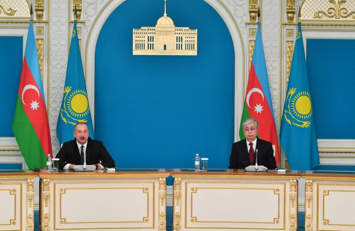  Presidents of Azerbaijan and Kazakhstan make press statements 