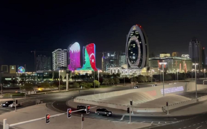  Azerbaijani flag projected at Al-Jaber Twin Towers in Doha 