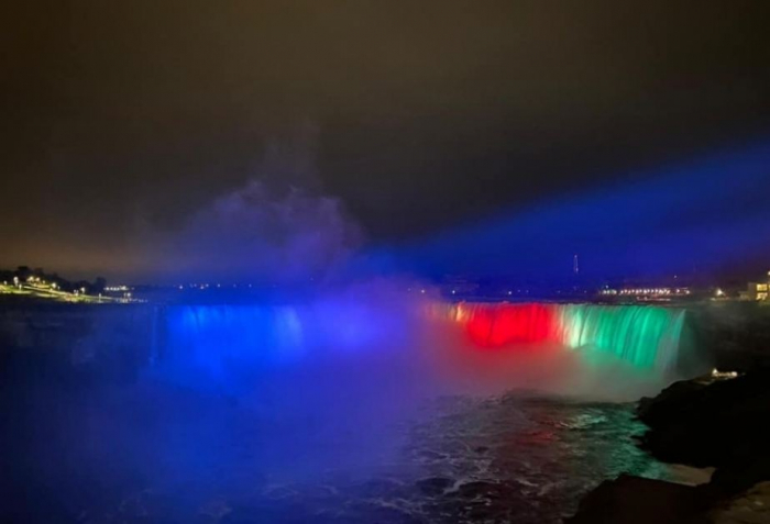 Niagara Falls lit up with colors of Azerbaijani flag