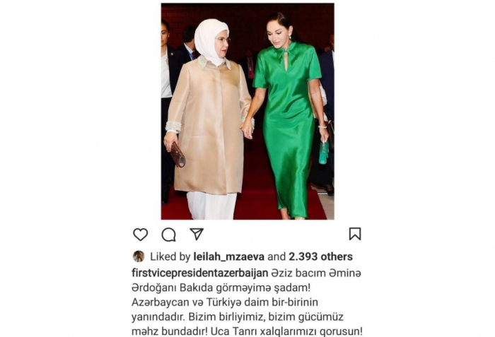   First Vice-President Mehriban Aliyeva shares post on First Lady of Türkiye Emine Erdogan  