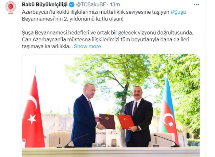       Türkiyə səfirliyi:    Şuşa Bəyannaməsinin ikinci ildönümü mübarək olsun   