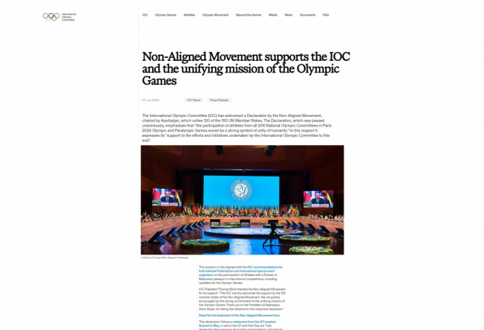   International Olympic Committee welcomes Baku Declaration by Non-Aligned Movement  