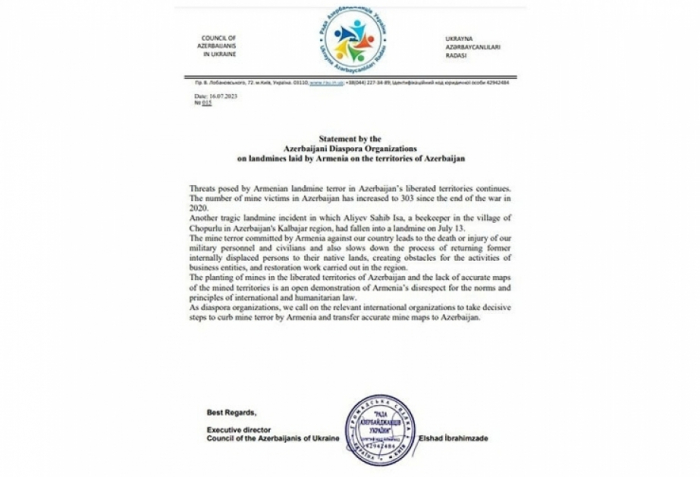   Rada of Ukrainian Azerbaijanis calls international community to bring pressure to bear on Armenia  