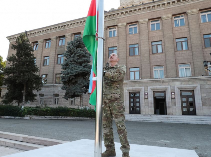  President Ilham Aliyev raises national flag of Azerbaijan and makes speech in Khankendi city 