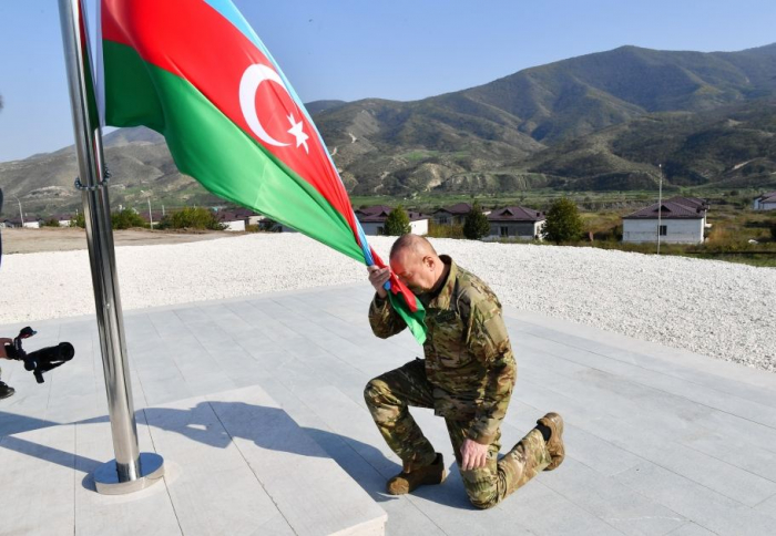  President Ilham Aliyev raises national flag of Azerbaijan in Khojaly city and Asgaran settlement 