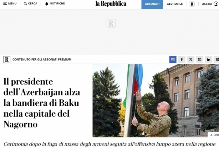 President Ilham Aliyev raised national flag of Azerbaijan in Khankendi city: Italian newspaper 