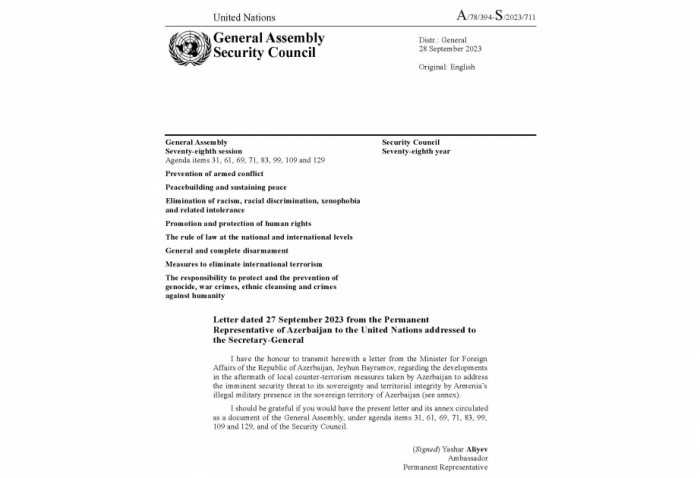   Carta del Canciller de Azerbaiyán a António Guterres fue distribuida como documento de la ONU  