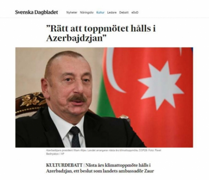 Swedish newspaper Svenska Dagbladet posts article by Azerbaijani ambassador