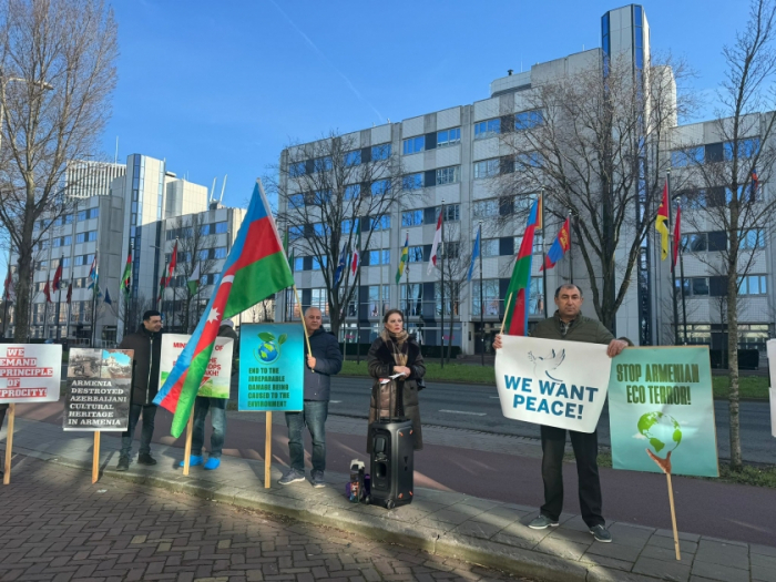  Miembros de la diáspora azerbaiyana celebraron una protesta pacífica contra el terror de las minas en La Haya 