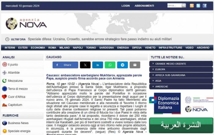   Italian news portals highlight peace process between Azerbaijan and Armenia  