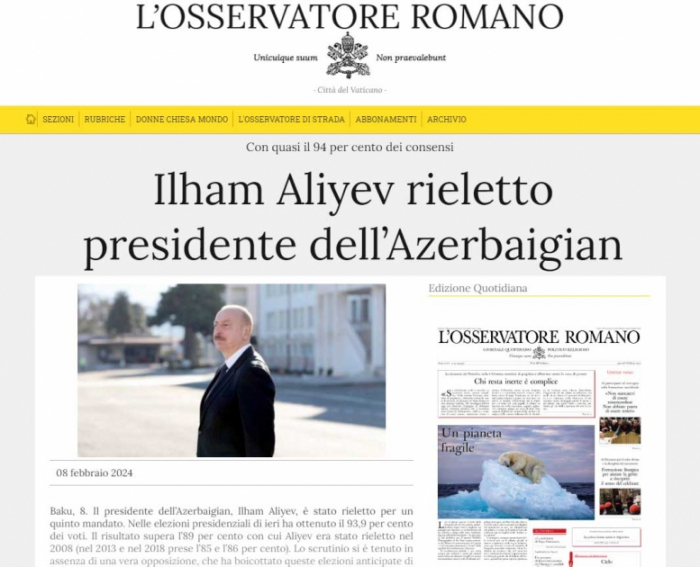 Los medios de comunicación italianos escriben sobre la convincente victoria del Presidente Ilham Aliyev en las elecciones