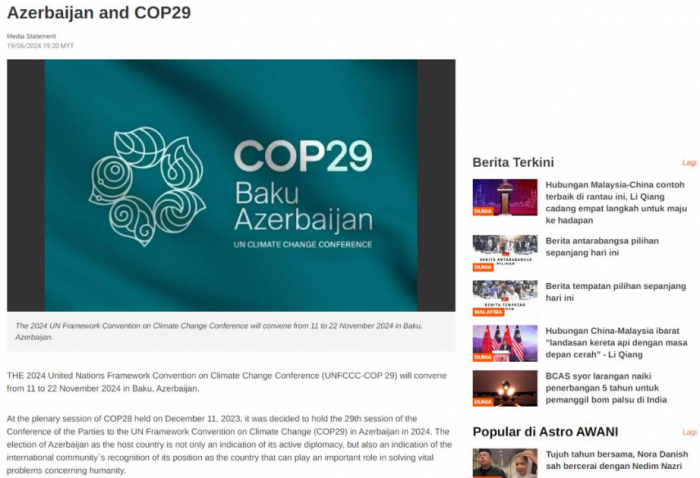 Malaysian news portal publishes article headlined "Azerbaijan and COP29"