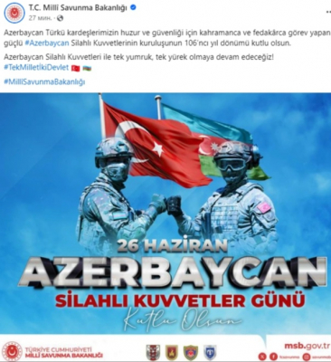 Türkiyə Müdafiə Nazirliyi Azərbaycanı təbrik edib