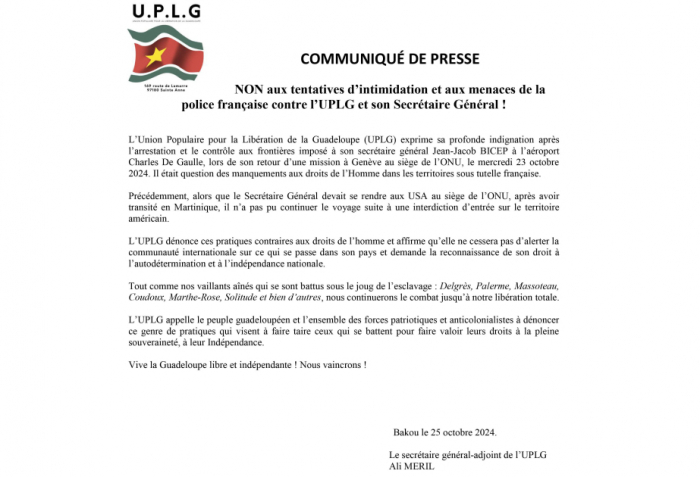 People's Union for Liberation of Guadeloupe issues statement in Baku condemning human rights violations by France