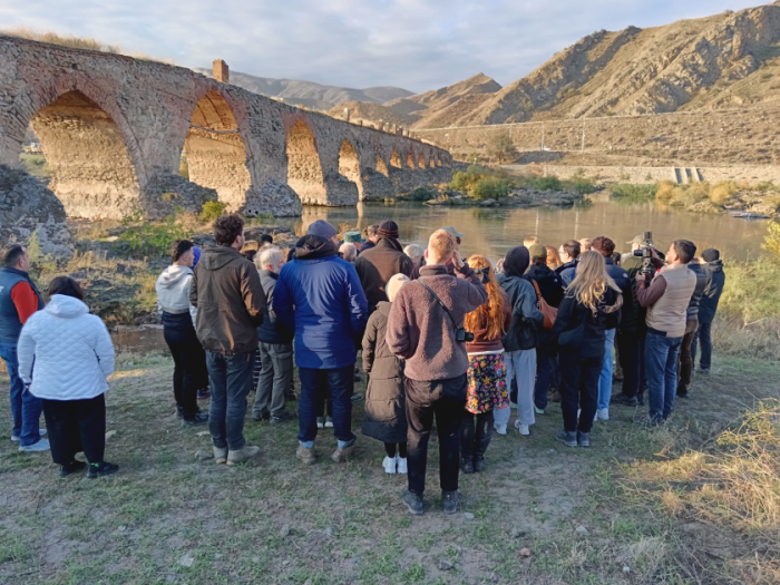   International travelers visit Khudafarin Bridge in Jabrayil  