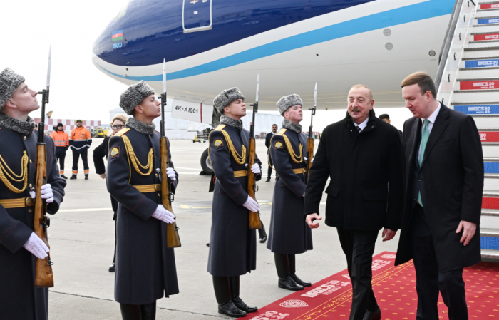  President Ilham Aliyev arrives in Russia for visit 