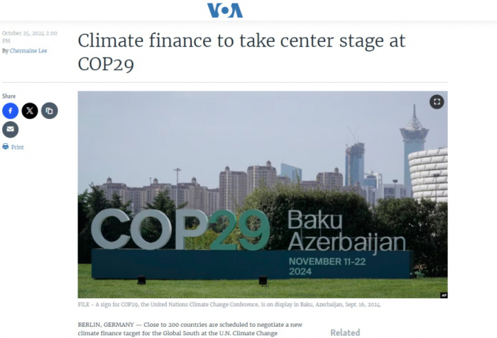   Voice of America: Climate finance to take center stage at COP29  