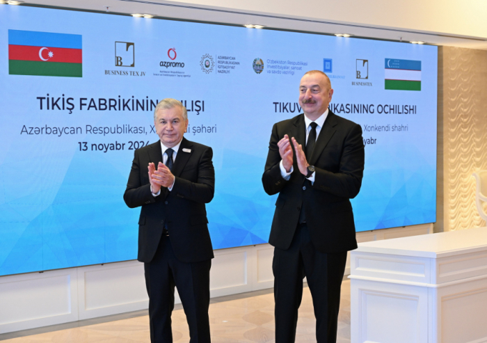    İlham Əliyev və Şavkat Mirziyoyev Xankəndi tikiş fabrikinin açılışında iştirak ediblər  
   