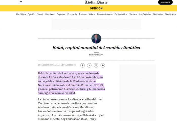 La prensa dominicana escribe sobre Azerbaiyán y la COP29