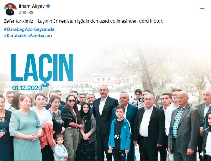   Presidente Ilham Aliyev comparte una publicación con motivo del cuarto aniversario de la liberación de Lachin de la ocupación  